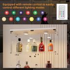 White glass display cabinet with remote-controlled RGB LED lighting system and premium liquor bottles - Elirian
