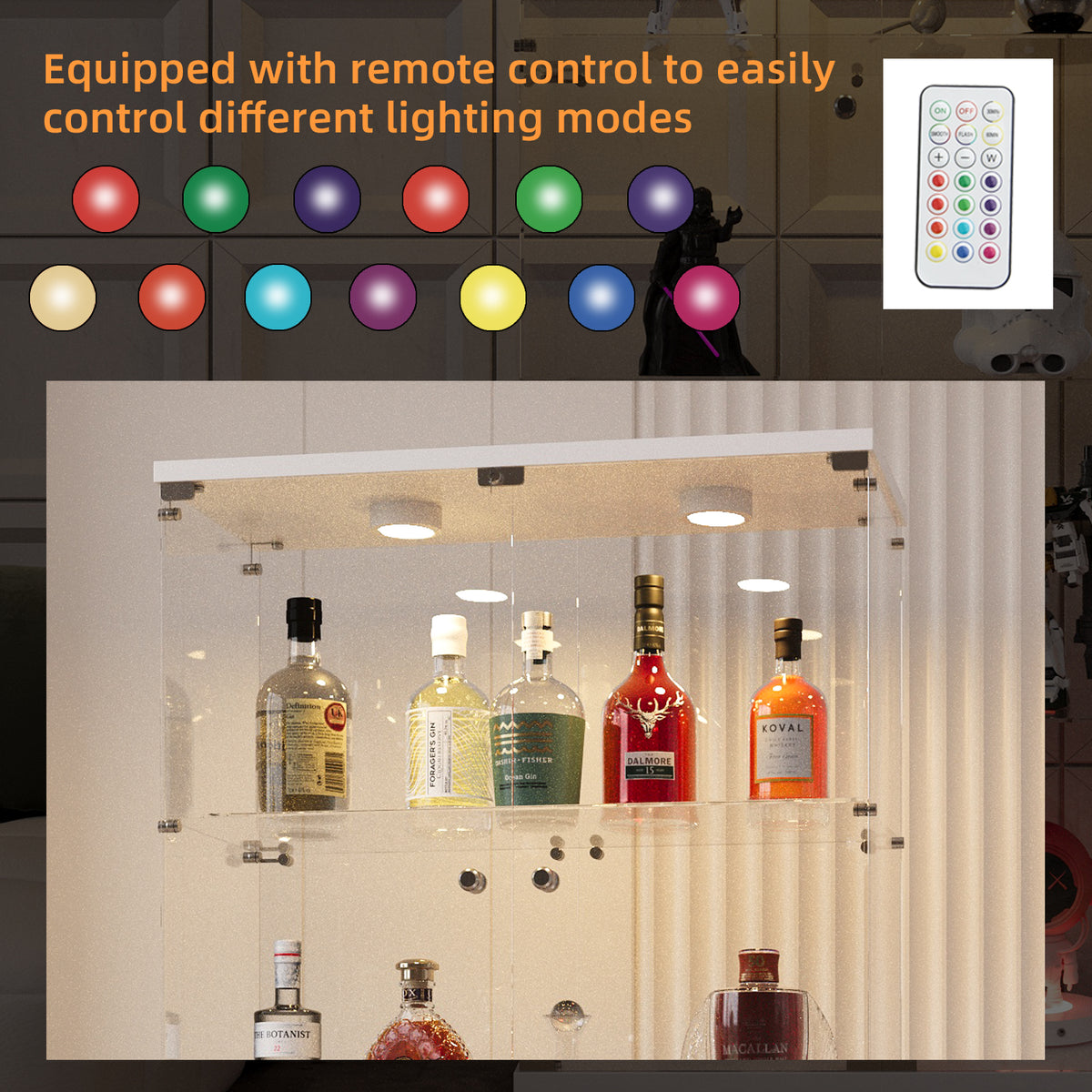 White glass display cabinet with remote-controlled RGB LED lighting system and premium liquor bottles - Elirian