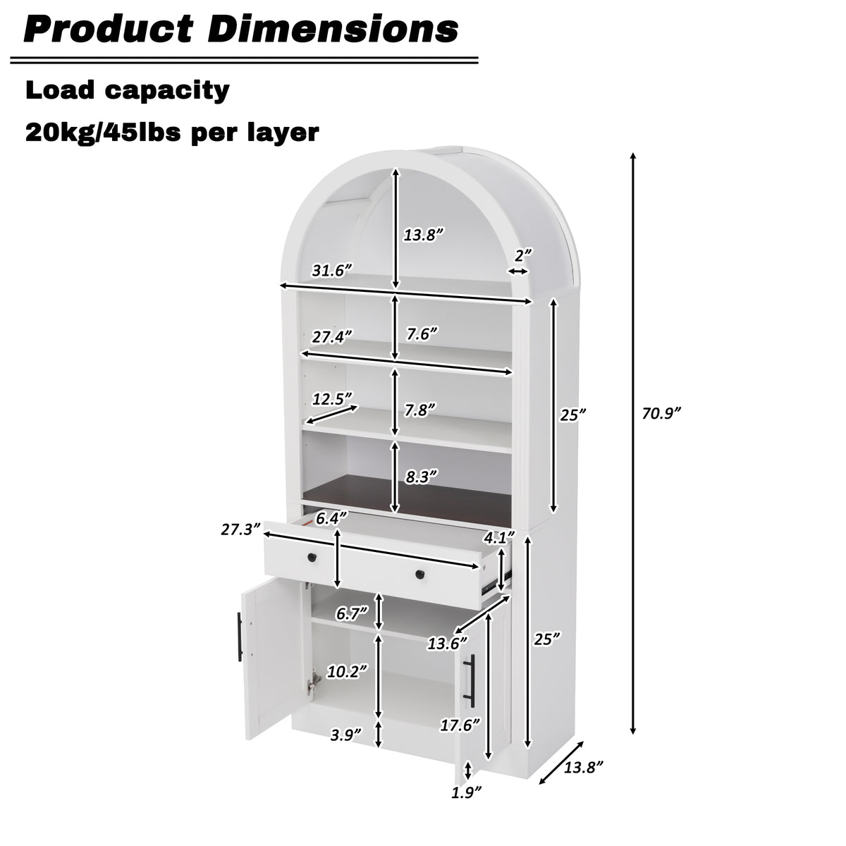 Arched White Bookshelf with Storage Cabinet and Adjustable Shelves - Elirian