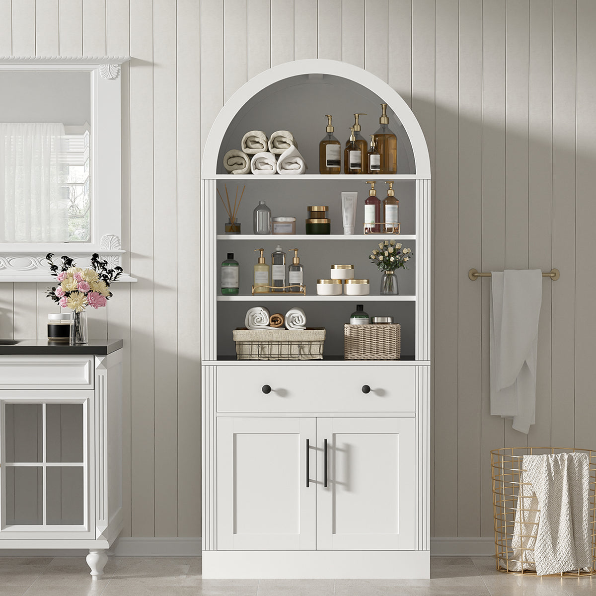 Arched White Bookshelf with Storage Cabinet and Adjustable Shelves - Elirian