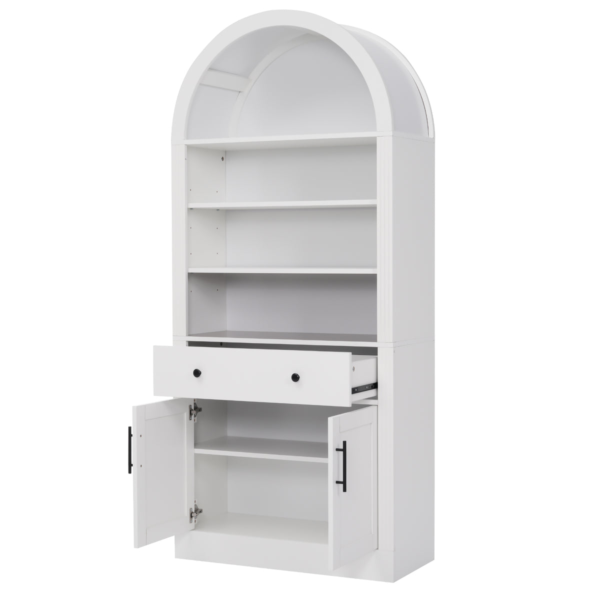 Arched White Bookshelf with Storage Cabinet and Adjustable Shelves - Elirian