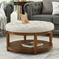 Round Tufted Linen Storage Ottoman Coffee Table, Ivory - Elirian