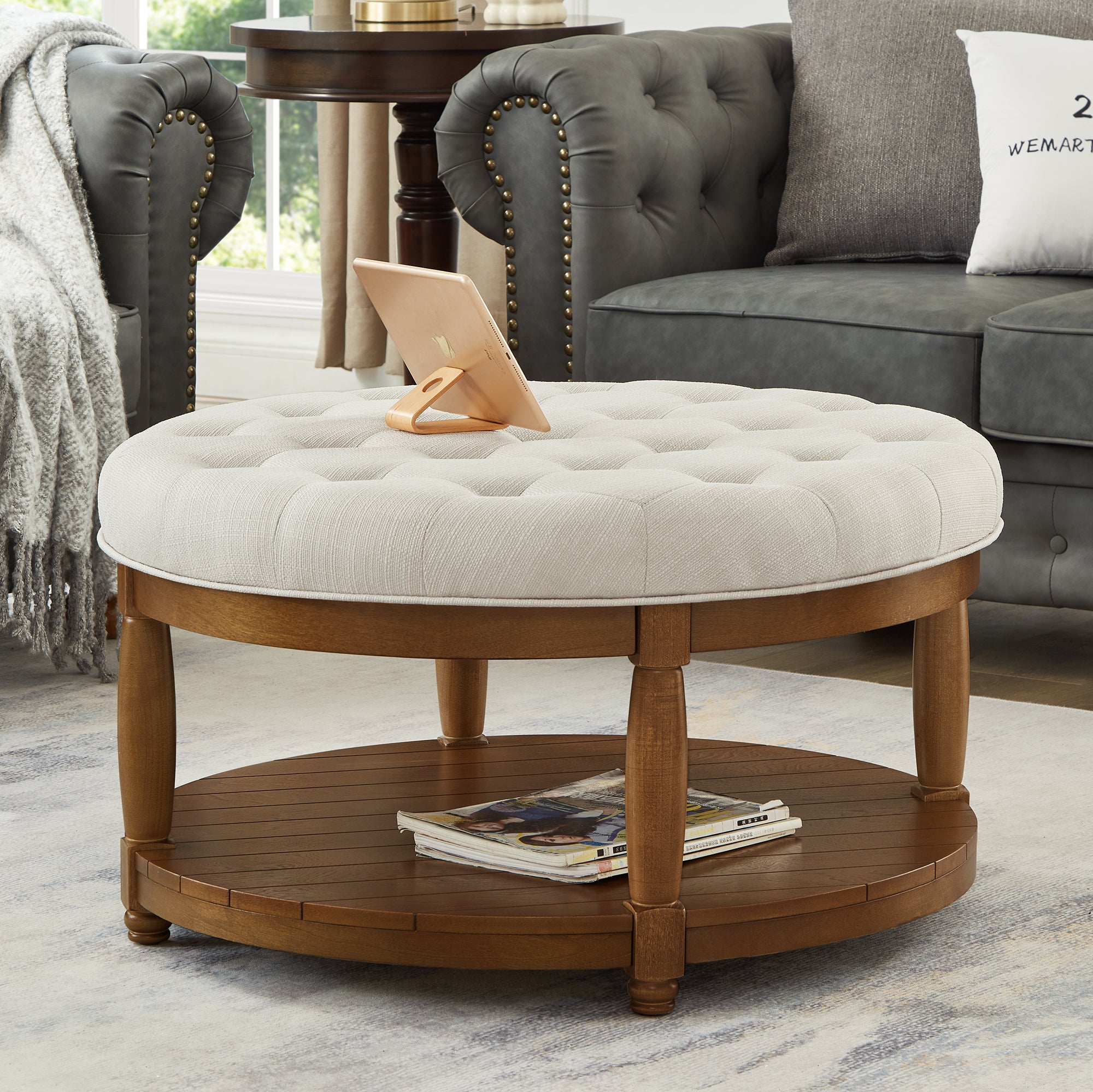Round Tufted Linen Storage Ottoman Coffee Table, Ivory - Elirian