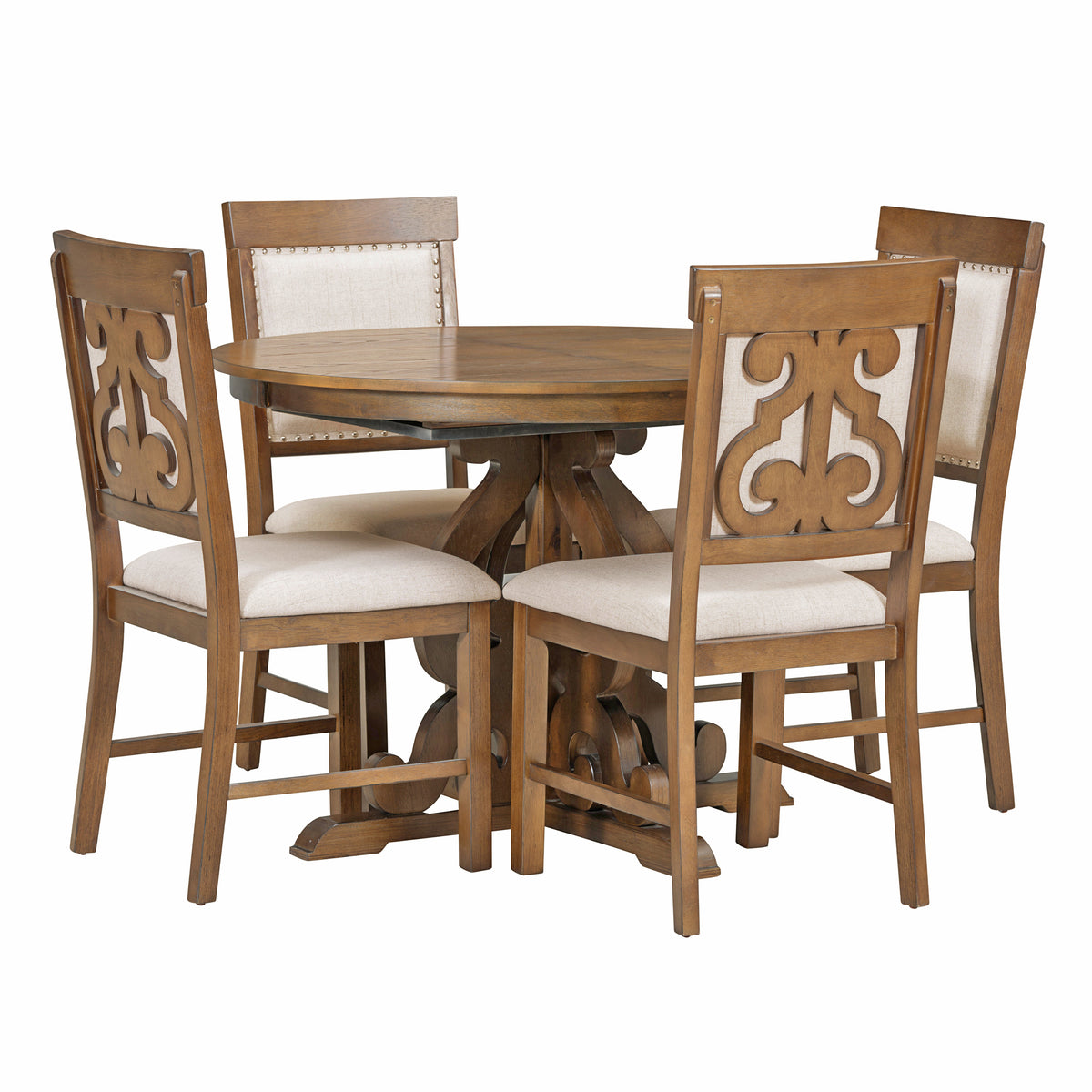 Retro Extendable Dining Set with 4 Upholstered Chairs, Walnut - Elirian