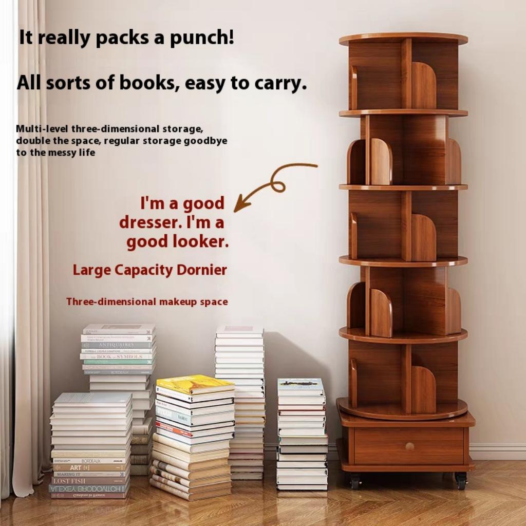 Rotating Corner Bookshelf, 6-Tier Walnut Brown Spinning Bookcase - Elirian