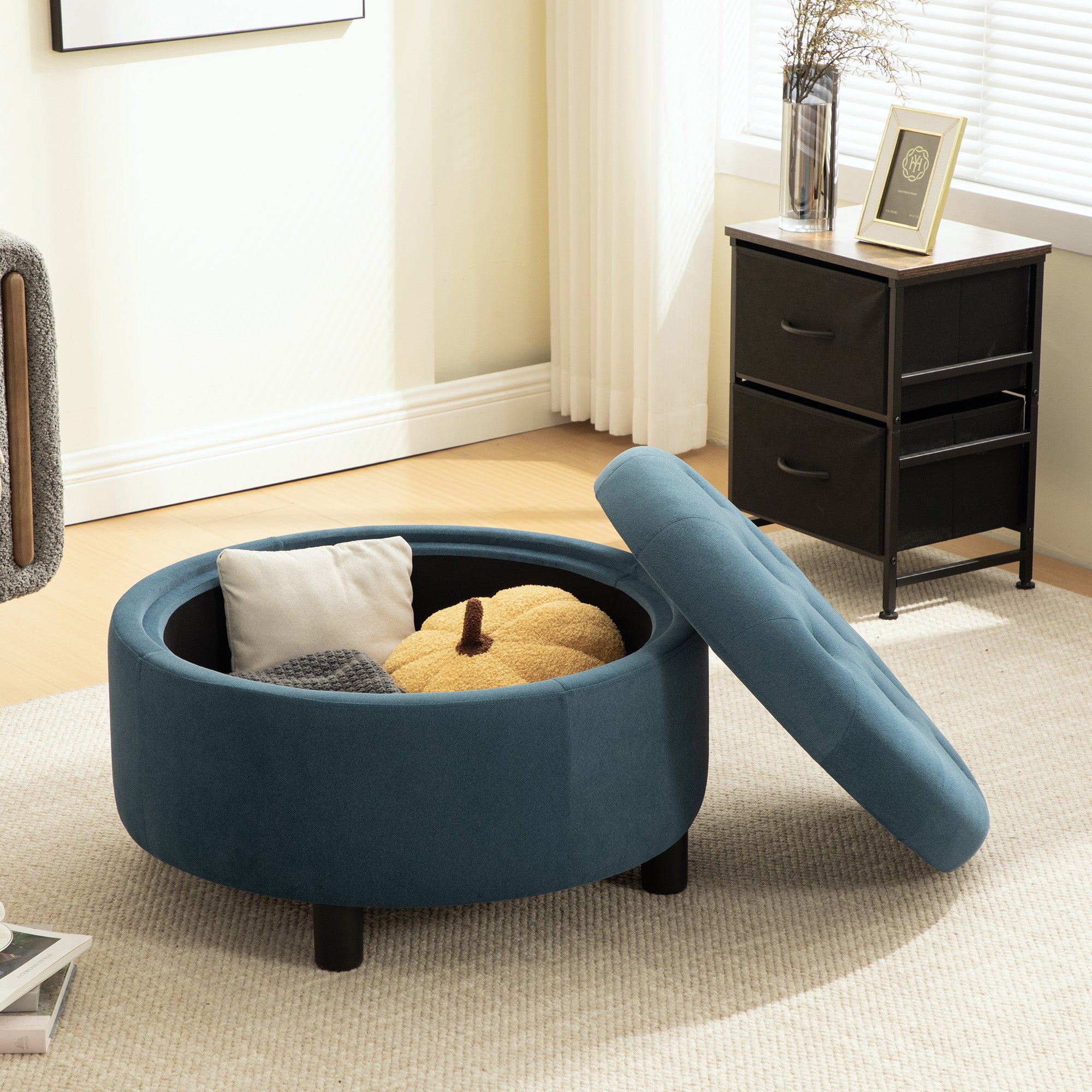 Round Storage Ottoman with Reversible Lid, Blue Fleece - Elirian