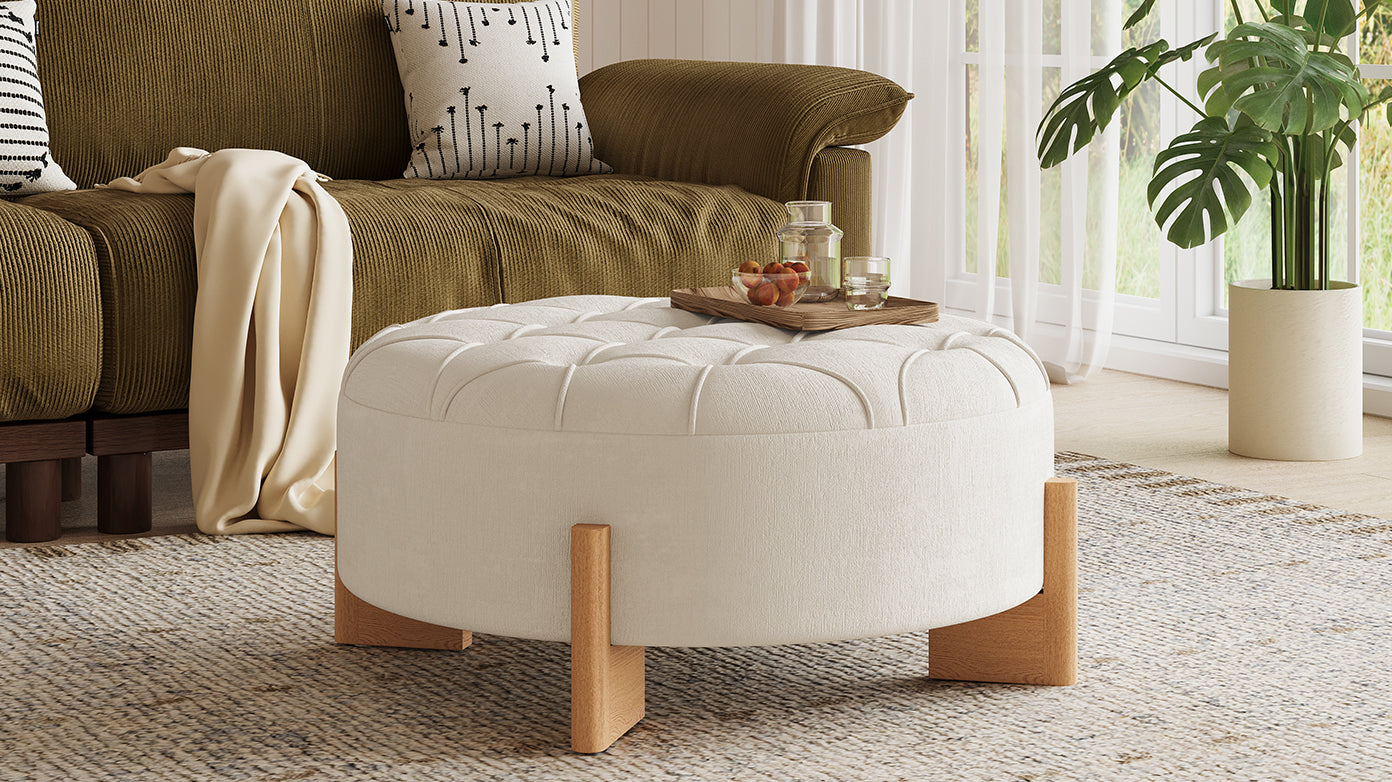 Round Tufted Chenille Ottoman with Solid Wood Legs, Beige - Elirian