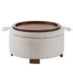 Round Bouclé Storage Ottoman with Reversible Tray Lid, Beige - Elirian