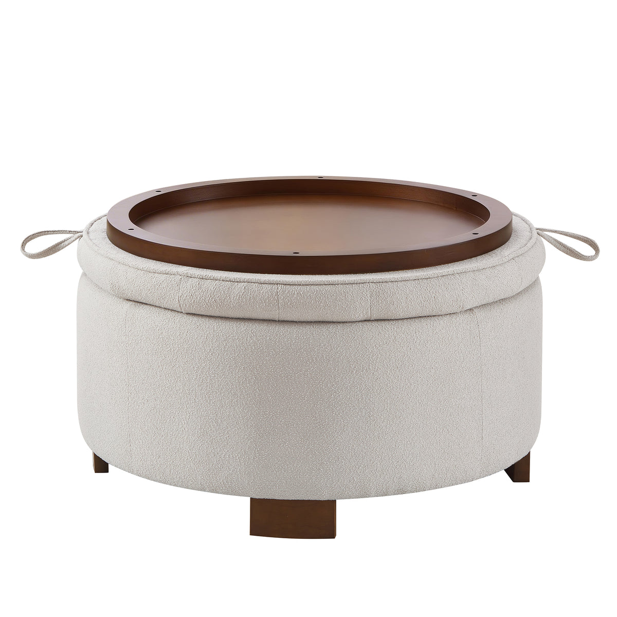 Round Bouclé Storage Ottoman with Reversible Tray Lid, Beige - Elirian