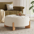 Round Tufted Chenille Ottoman with Solid Wood Legs, Beige - Elirian