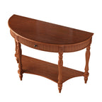Solid Wood Half Moon Console Table with Drawer and Shelf, Fluted Front, Carved Roman Column Legs, Rustic Walnut - Elirian