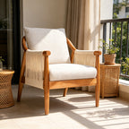 Mid-Century Accent Chair with Hand-Woven Paper Rope Arms and Linen-Blend Cushion - Elirian