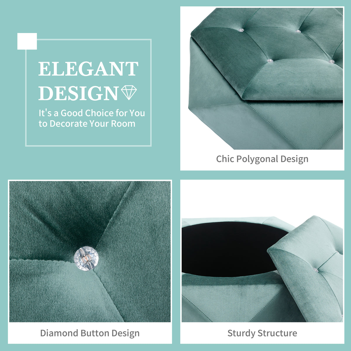 Velvet Diamond Tufted Storage Ottoman in Green - Elirian