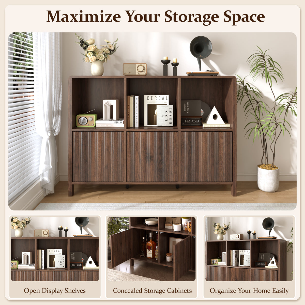 Walnut Fluted 3-Door Storage Cabinet with Open Display Shelves - Elirian