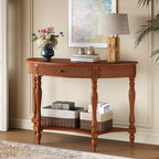 Solid Wood Half Moon Console Table with Drawer and Shelf, Fluted Front, Carved Roman Column Legs, Rustic Walnut - Elirian
