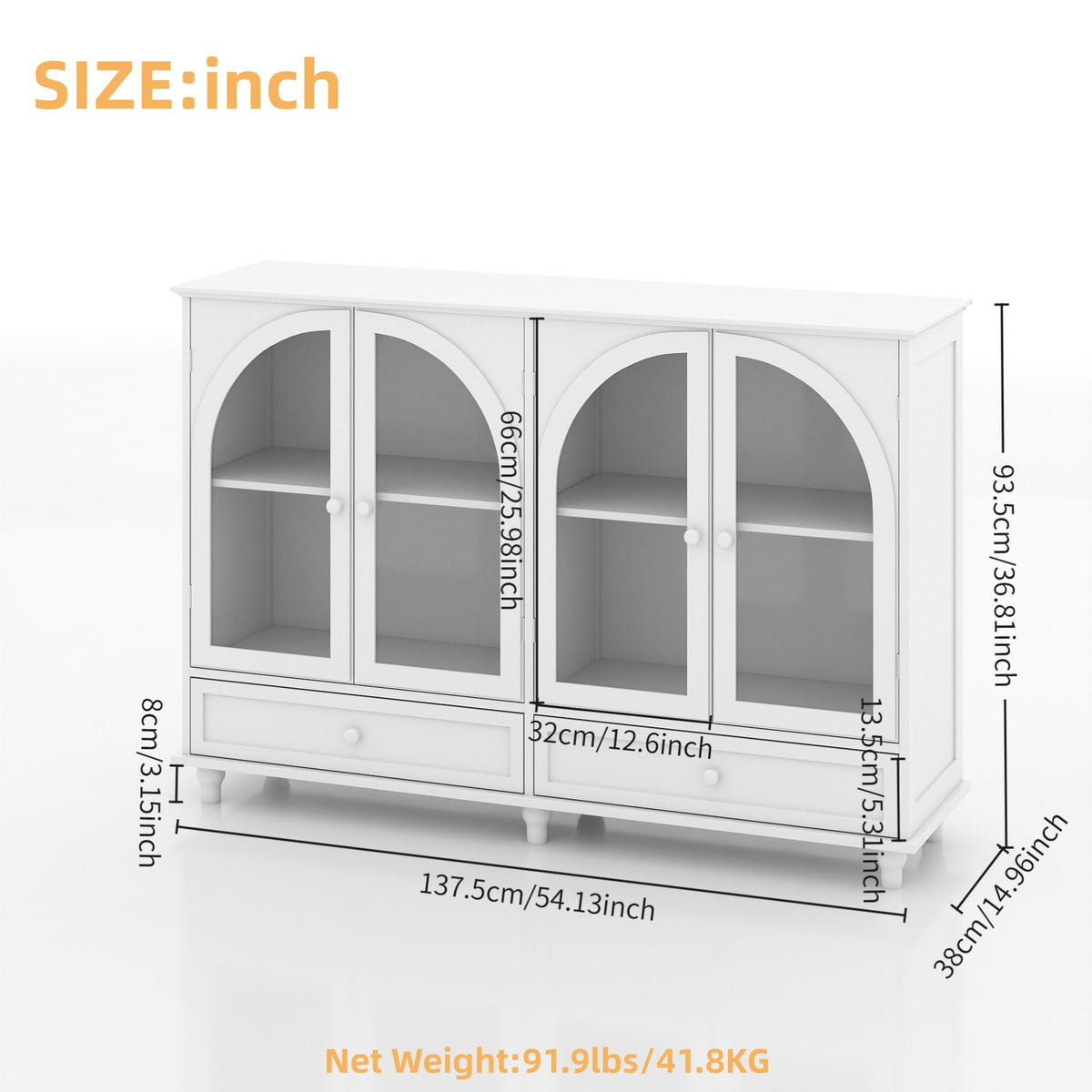 White Arched Glass Sideboard Buffet Cabinet with 2 Drawers and 4 Glass Doors - Elirian