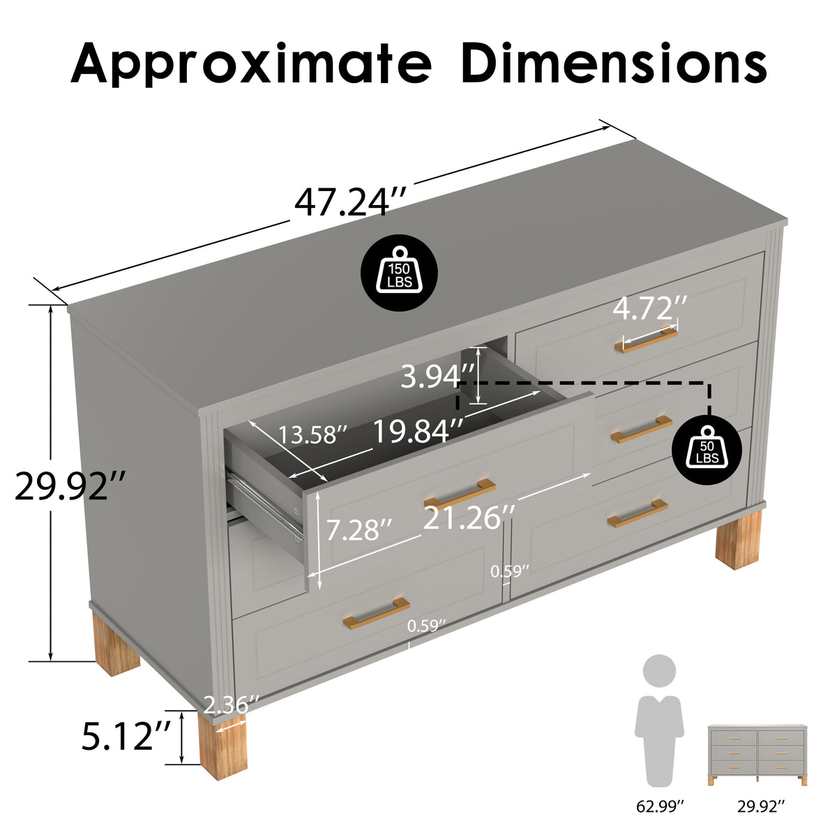 Gray 6-Drawer Double Dresser with Metal Handles and Solid Wood Legs - Elirian