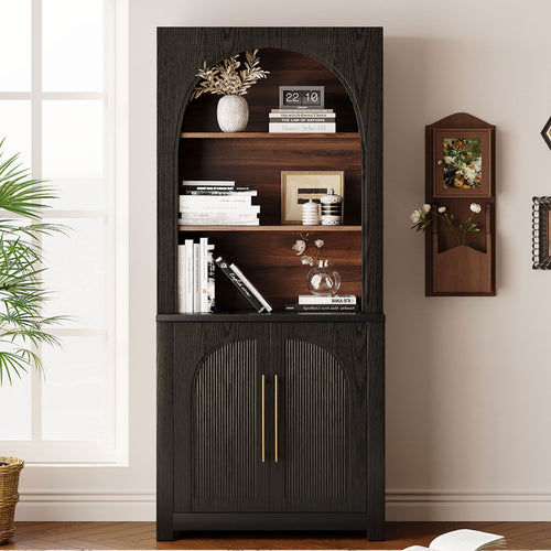 Black arched bookcase with storage cabinet, open display shelves, decorative styling - Elirian