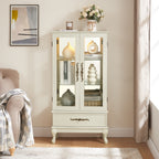 Antique white lighted curio cabinet with glass doors and adjustable shelves - Elirian