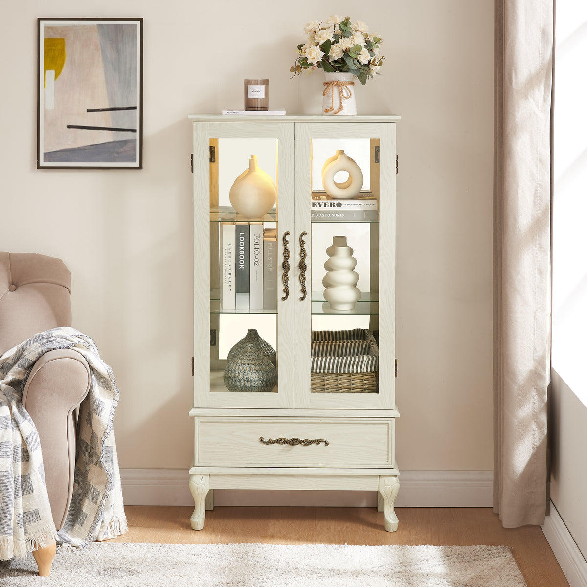 Antique white lighted curio cabinet with glass doors and adjustable shelves - Elirian