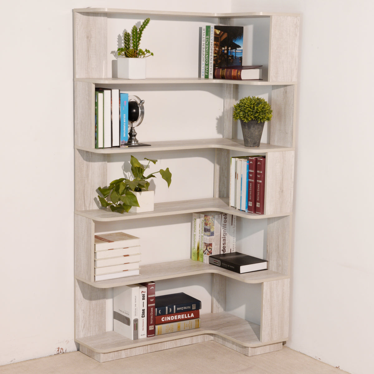 Light Gray Freestanding Corner Bookshelf with Anti-Tip Safety Design - Elirian