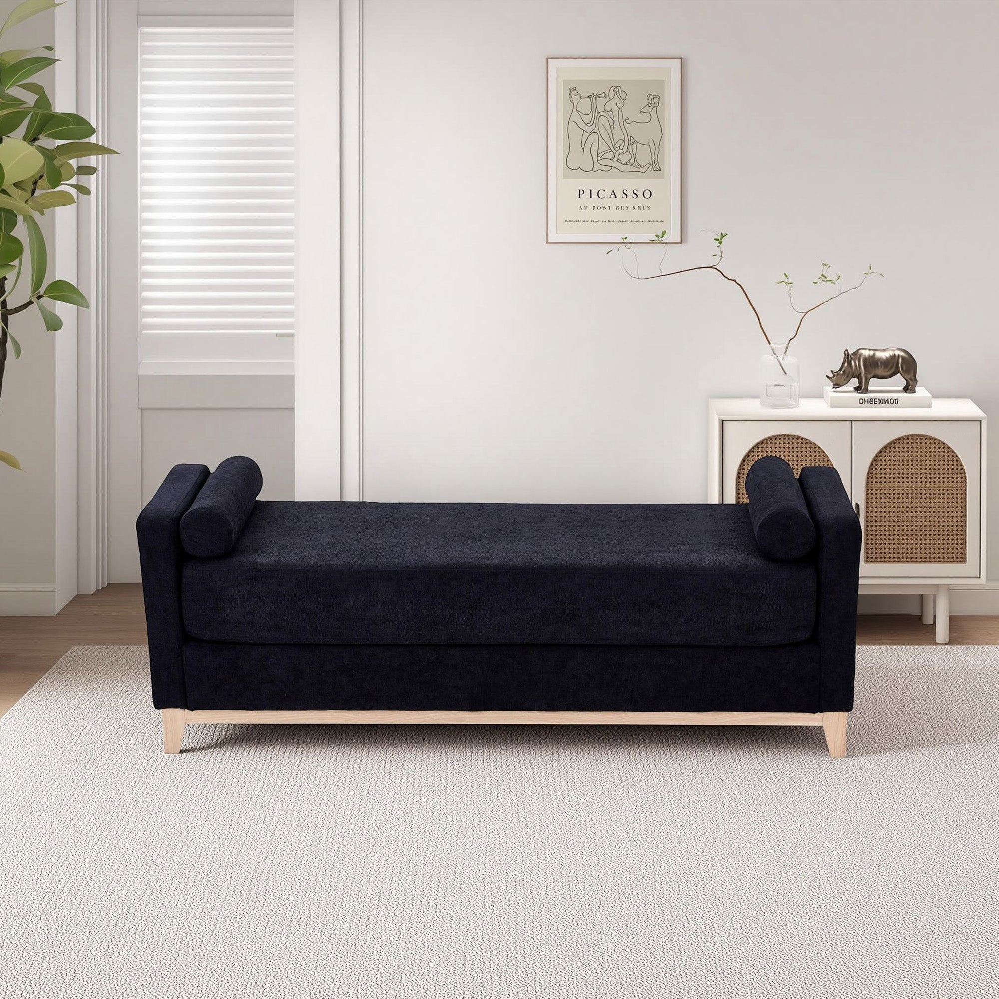 Sherpa Fleece Upholstered Bench with Bolster Pillows, Black - Elirian