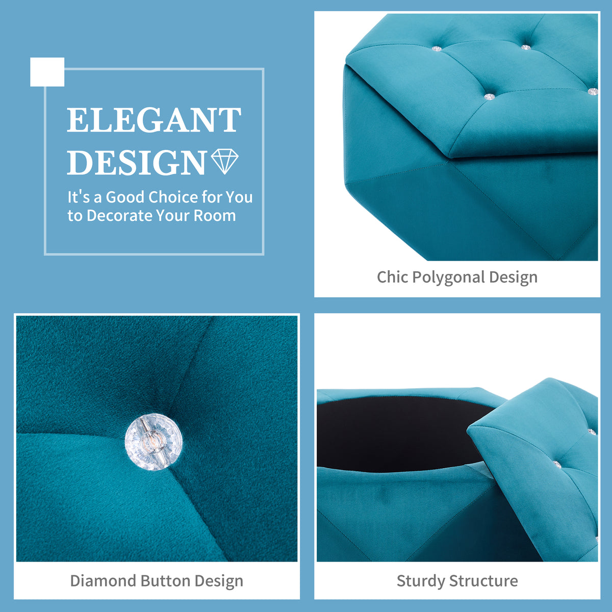 Velvet Diamond Tufted Storage Ottoman, Blue - Elirian