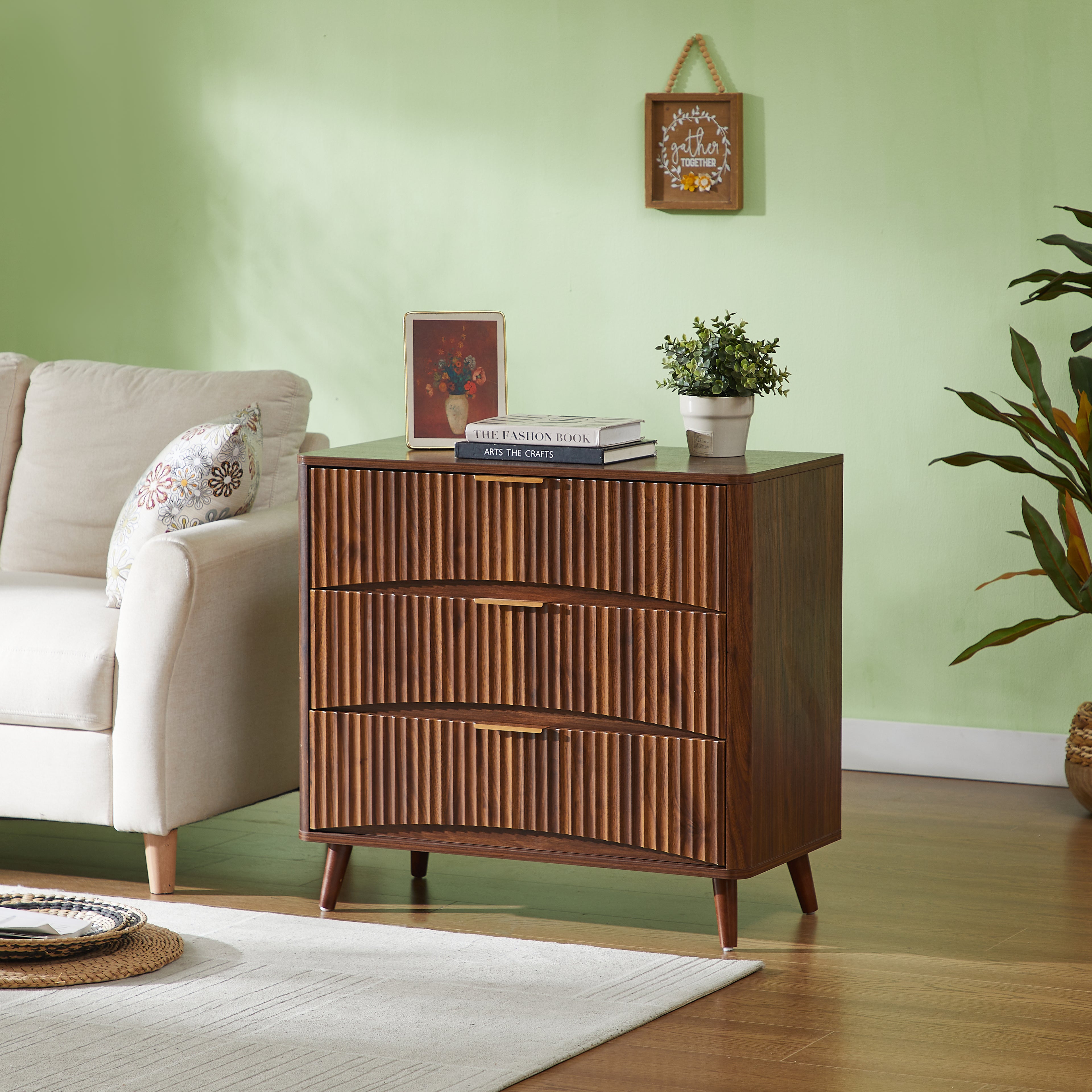 Fluted Walnut 3-Drawer Dresser, Set of 2 - Elirian