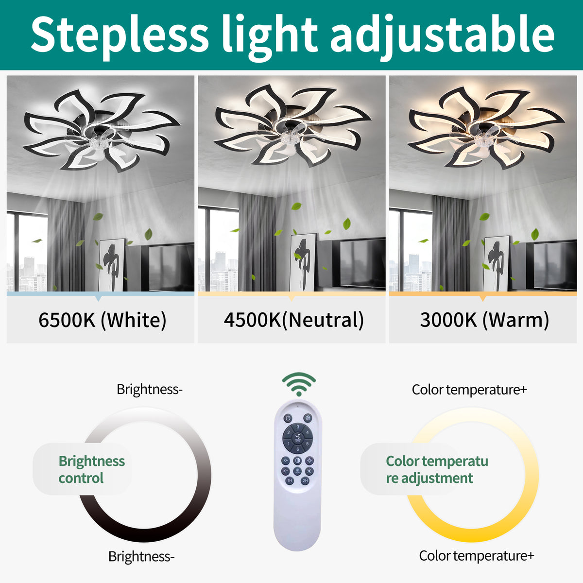 Black Flower Flush Mount Ceiling Fan with Dimmable LED Light and Remote, 32-Inch - Elirian