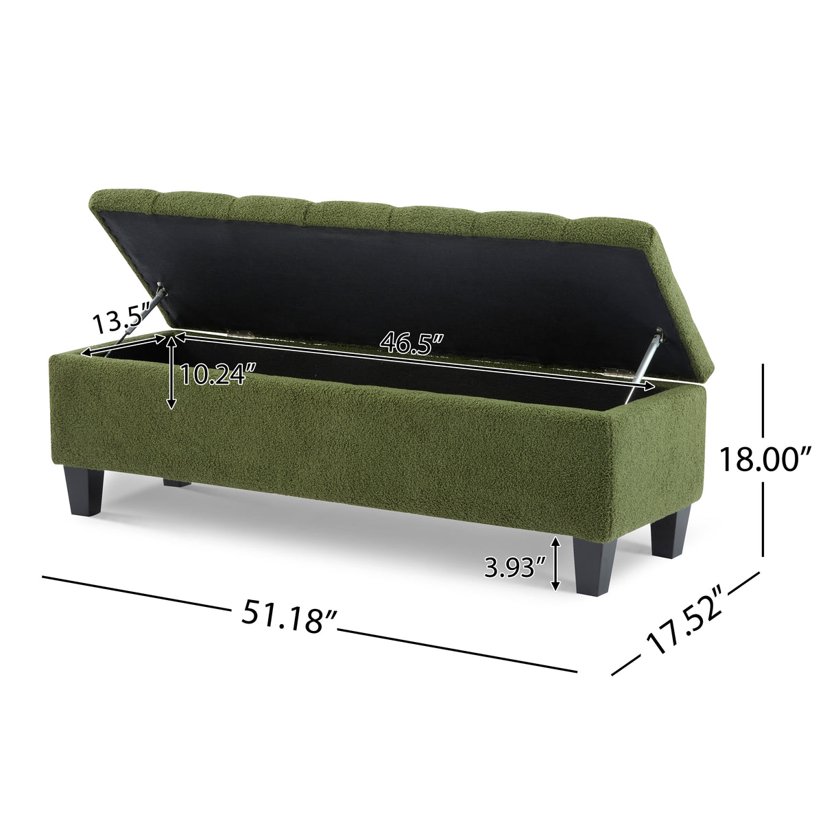 Green Bouclé Storage Ottoman Bench with Rubber Wood Legs - Elirian