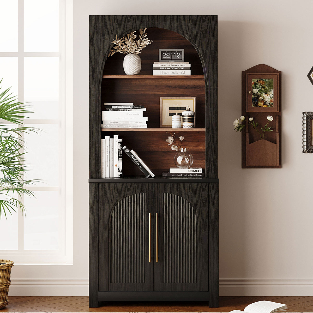 Black Arched Bookcase with Storage Cabinet and Open Display Shelves - Elirian